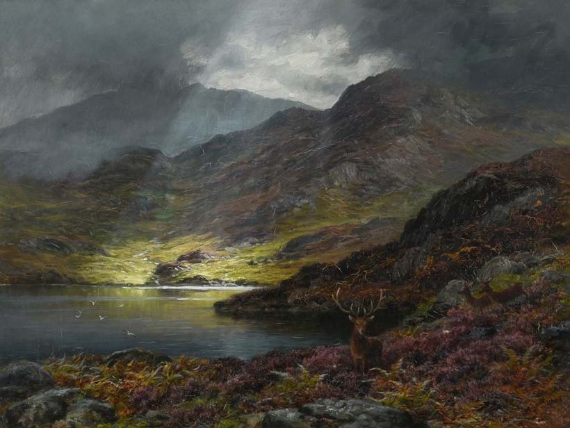 Inline Image - Lot 202 | Charles Stuart (British 1854-1904), Stag and doe in a highland landscape, Oil on canvas | Est. £1,000-1,500 + fees