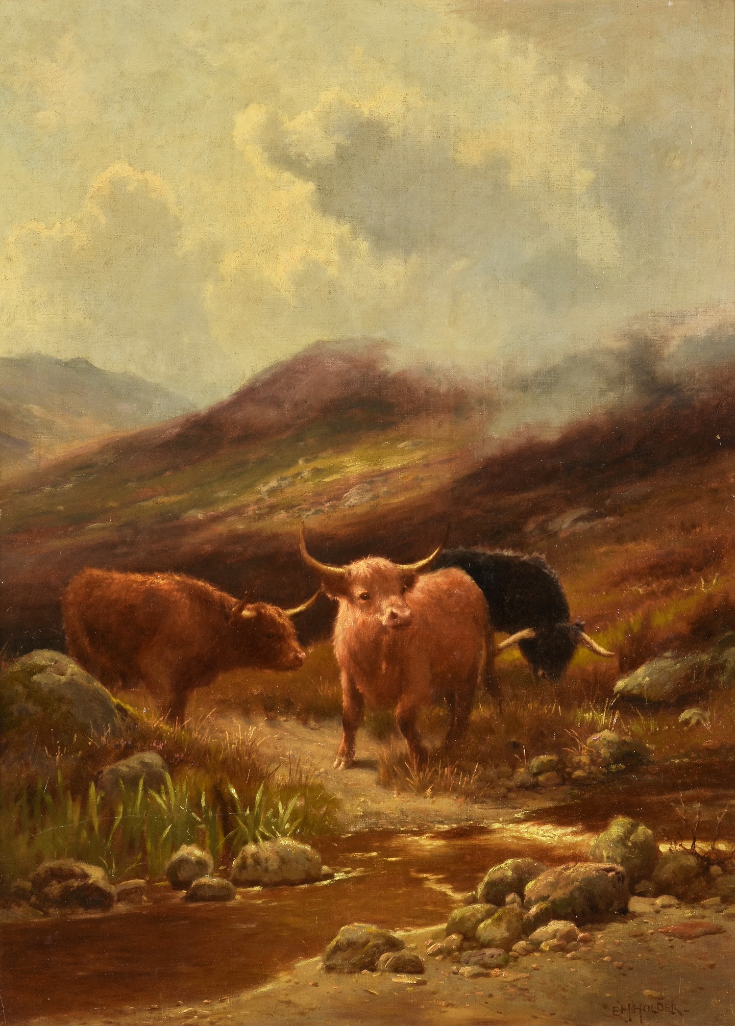 Inline Image - Lot 203 | Edward Henry Holder (British 1847-1922), Three cows in a highland landscape, Oil on canvas | Est. £600-800 + fees