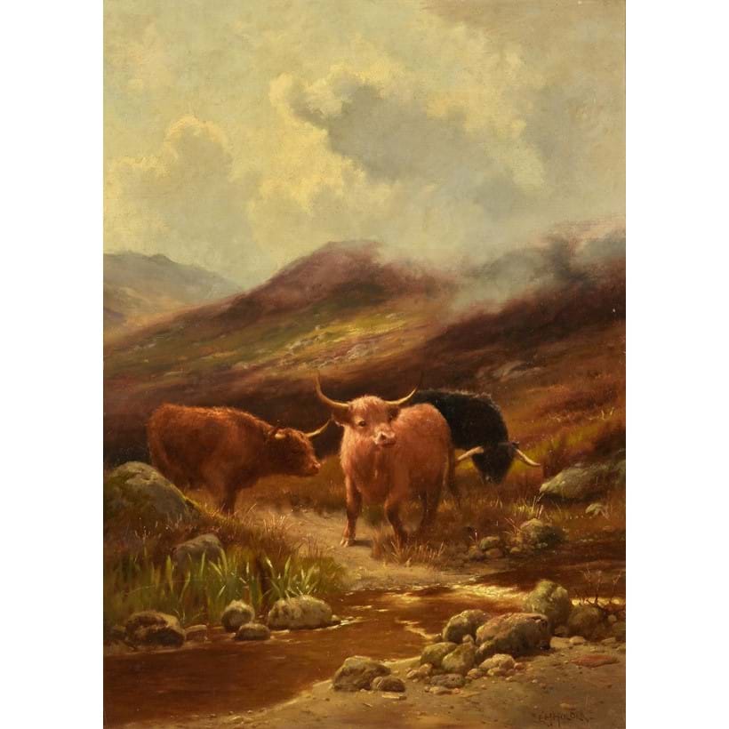 Inline Image - Lot 203 | Edward Henry Holder (British 1847-1922), Three cows in a highland landscape, Oil on canvas | Est. £600-800 + fees
