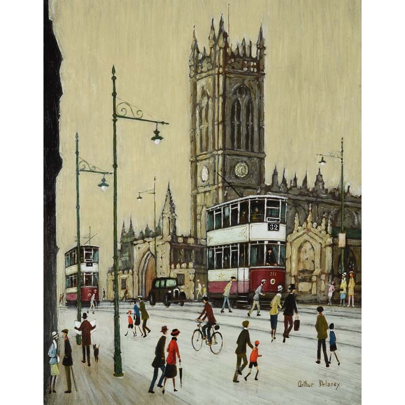 Inline Image - Arthur Delaney (British 1927-1987), 'Manchester Cathedral', Oil on board | Est. £5,000-7,000 (+ fees)