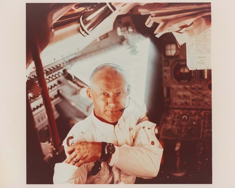 Inline Image - Lot 218: (Part lot) Diptych: Buzz Aldrin working inside the 'Eagle' during the outbound journey, Apollo 11, July 1969 | Est. £800-1,200 (+ fees)
