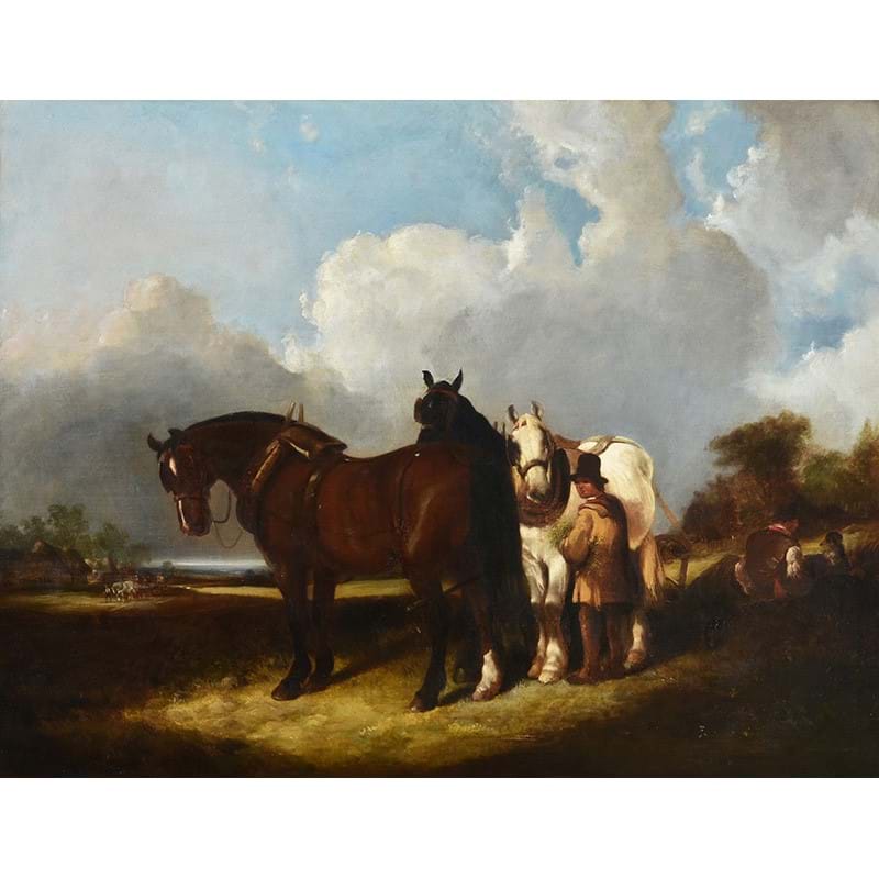 Follower of William Shayer, 'Travellers and their horses resting in a country landscape', Oil on canvas 