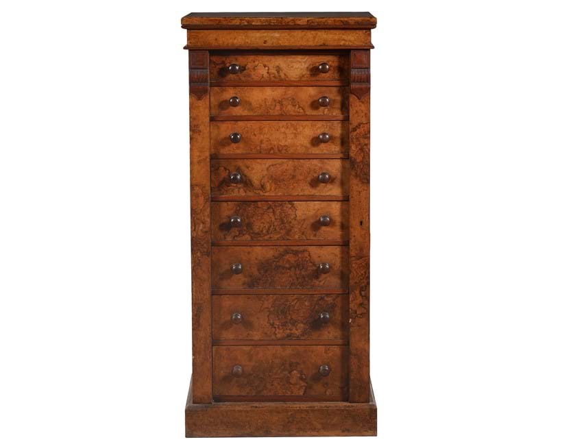 Inline Image - Lot 236: A Victorian burr walnut and figured walnut Wellington chest, circa 1850 | Est. £400-600 (+ fees)