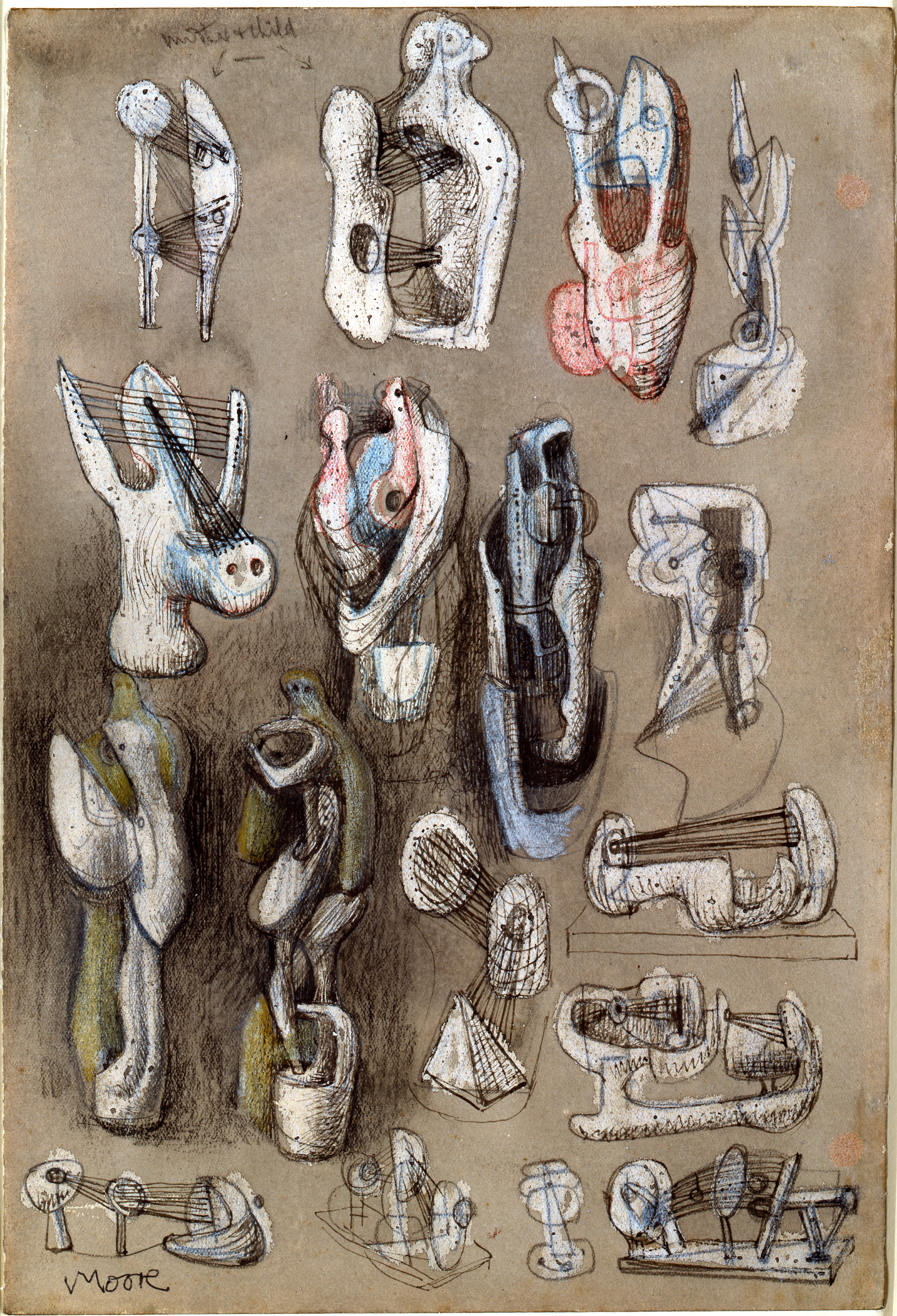 Inline Image - 'Eighteen Ideas for Sculpture 1939', HMF 1460a, pencil, wax crayon, watercolour wash, pen and ink, crayon, 275 x 188 mm | Photo credit: Henry Moore Archive