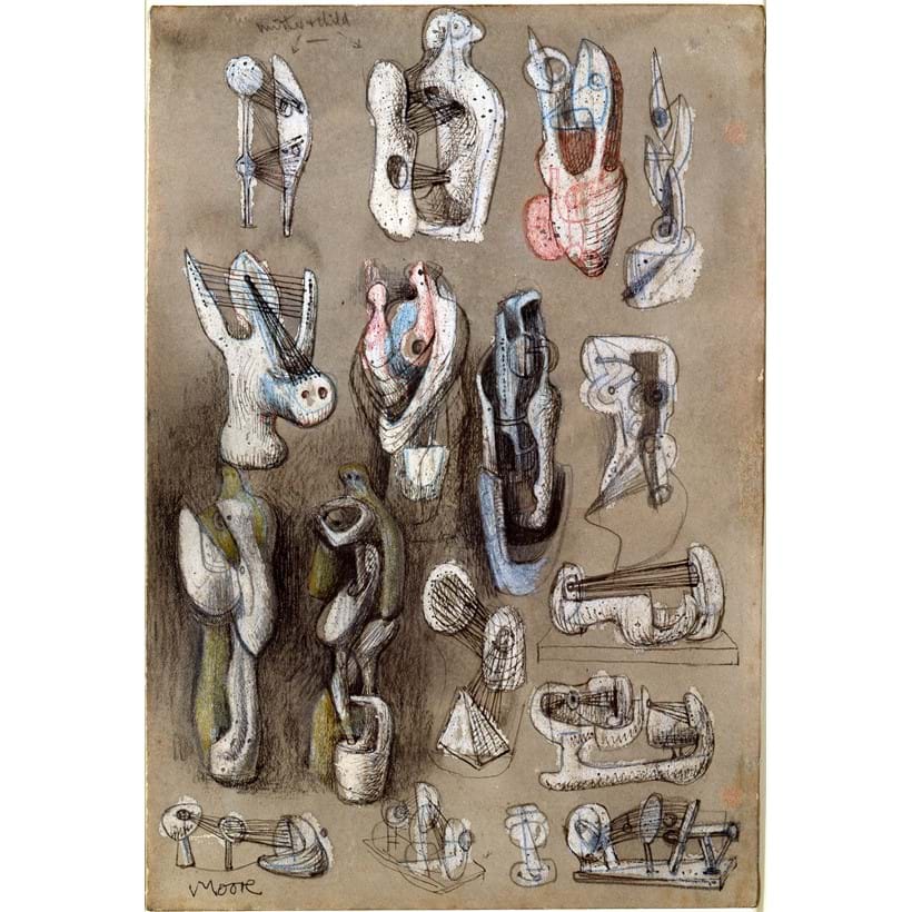 Inline Image - 'Eighteen Ideas for Sculpture 1939', HMF 1460a, pencil, wax crayon, watercolour wash, pen and ink, crayon, 275 x 188 mm | Photo credit: Henry Moore Archive