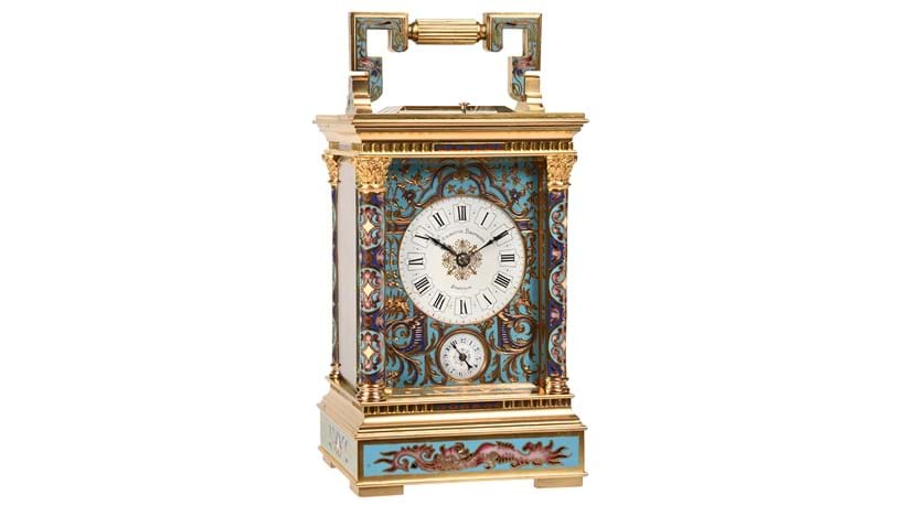 Inline Image - Lot 178: A fine French gilt brass and champlevé enamelled five-minute repeating alarm carriage clock, retailed by Ovington Brothers, Brooklyn, late 19th century | Est. £3,500-4,500 (+ fees)