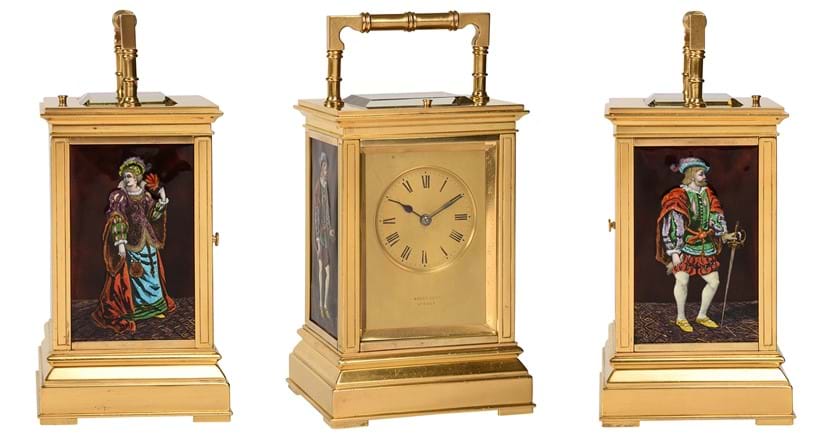 Inline Image - Lot 209:  A fine gilt brass repeating carriage clock inset with Limoges enamel panels, Gay, Lamaille and Company, Paris, for retail by Hardy Brothers, Sydney, late 19th century | Est. £2,500-3,500 (+ fees)