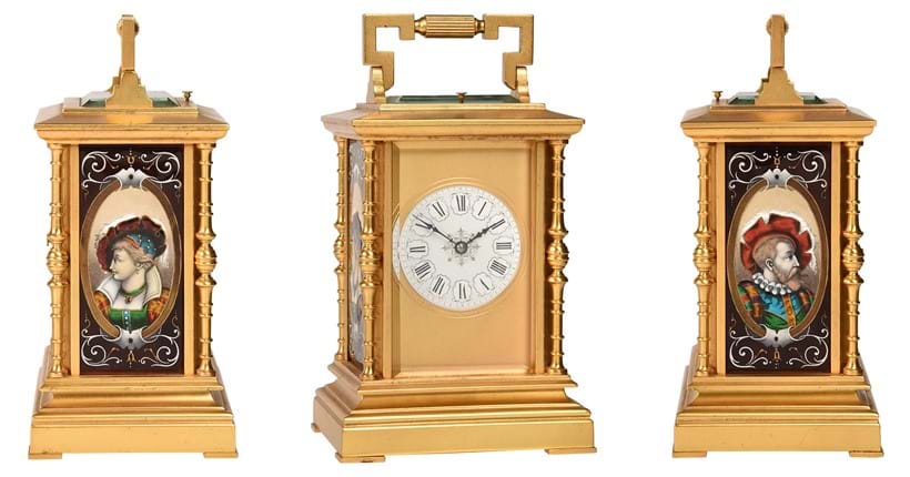 Inline Image - Lot 210: A fine gilt brass repeating carriage clock inset with Limoges enamel panels, Achille Brocot, Paris, circa 1880 | Est. £2,500-3,500 (+ fees)