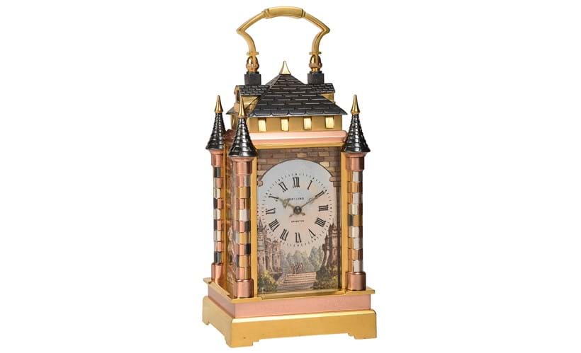 Inline Image - Lot 211: A fine and rare French multicoloured 'Castle' carriage clock with painted porcelain panels, probably by Jules Brunelot, Paris, for retail by Collins, Brighton, circa 1885 | Est. 1,800-2,500 (+ fees)