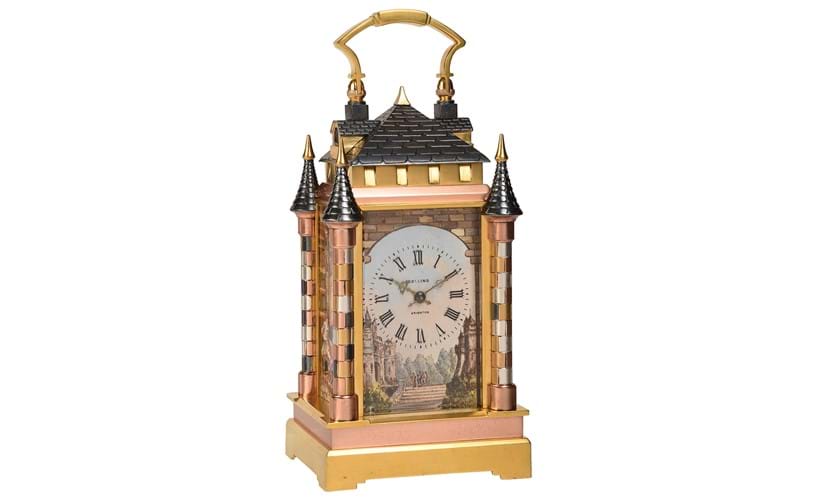 Inline Image - Lot 211: A fine and rare French multicoloured 'Castle' carriage clock with painted porcelain panels, probably by Jules Brunelot, Paris, for retail by Collins, Brighton, circa 1885 | Est. 1,800-2,500 (+ fees)
