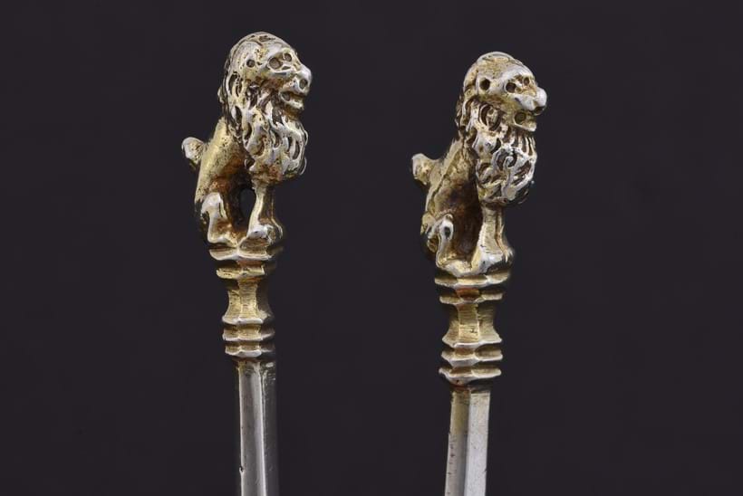 Inline Image - Lot 76: (Detail) A pair of Elizabeth I West Country silver lion sejant spoons, Thomas Mathew, Barnstaple circa 1580 | Est. £6,000-8,000 (+ fees)