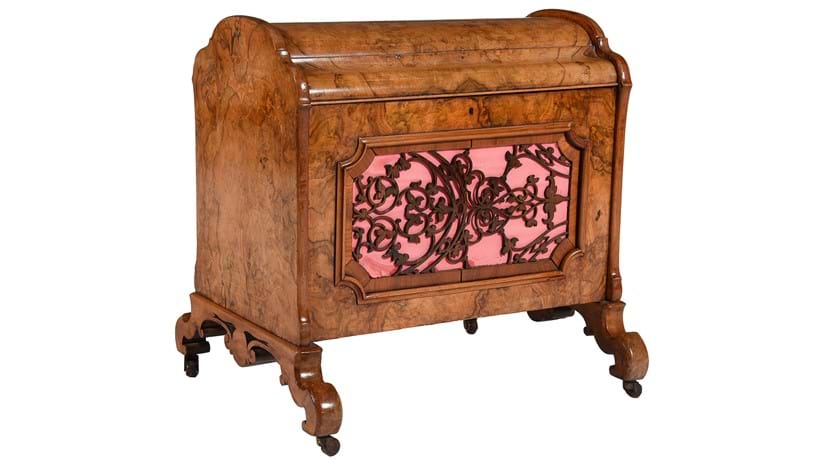 Inline Image - Lot 343: A Victorian walnut and inlaid music canterbury, circa 1870 | Est. £300-500 (+ fees)
