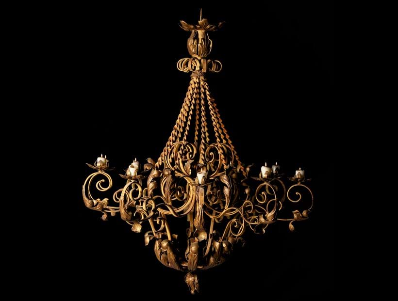 Inline Image - Lot 491: A Continental yellow painted wrought iron ten light chandelier, 20th century | Est. £1,200-1,800 (+ fees)