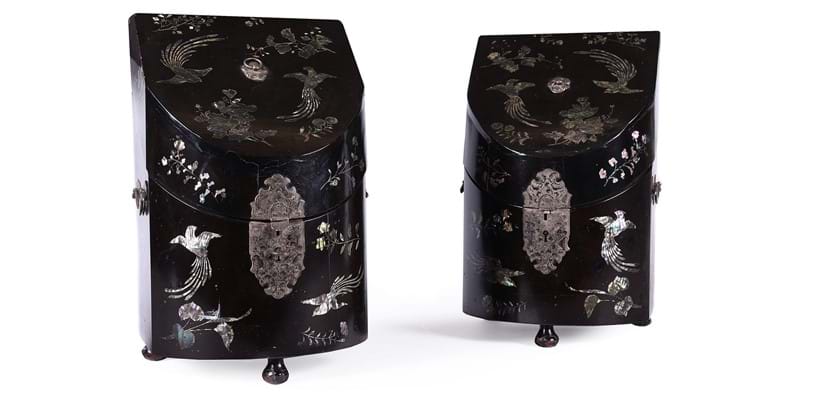 Inline Image - Lot 176: A rare pair of Japanese export Nagasaki black lacquer and mother-of-pearl knife boxes, late 18th/early 19th century | Sold for £15,000