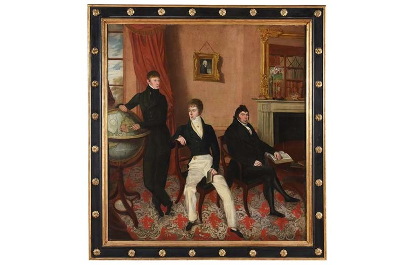 Inline Image - Lot 28: English School (circa 1825), 'Portrait of a tutor with his two charges, one pointing to South America on a globe', Oil on canvas | Est. £5,000-8,000 (+ fees)