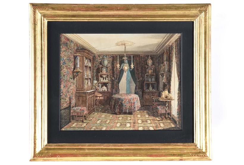 Inline Image - Lot 128: François-Etienne Villeret (French circa 1800-1866), 'Collector's cabinet room interior', Watercolour with pen and ink | Est. £3,000-5,000 (+ fees)