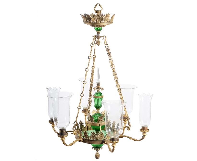Inline Image - Lot 231: A Swedish gilt metal and green press moulded glass chandelier, late 19th century | Est. £1,000-1,500 (+ fees)
