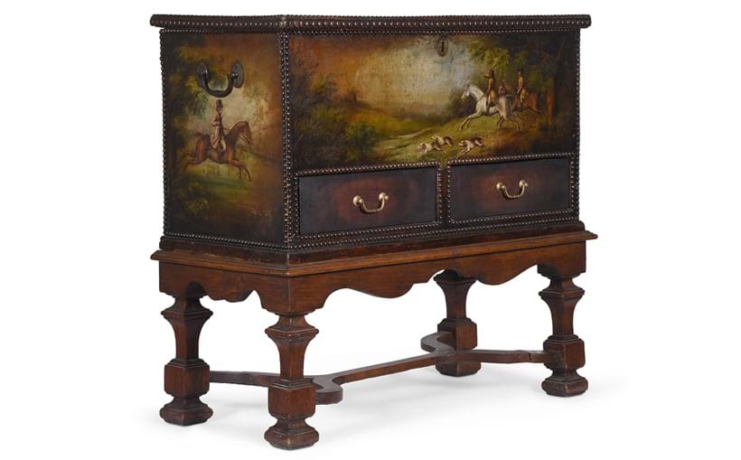 Inline Image - Lot 279: A painted leather and studded chest on stand in 18th century taste, 20th century | Est. £300-500 (+ fees)