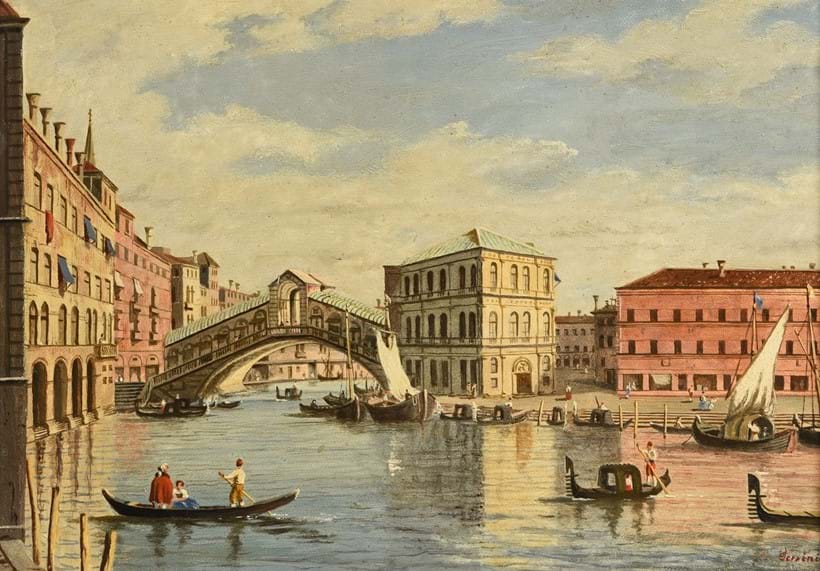 Inline Image - Lot 39: Alberto Terrini (Italian 19th/20th century), 'Rialto Bridge, Venice', Oil on board | Est. £400-600 (+ fees)