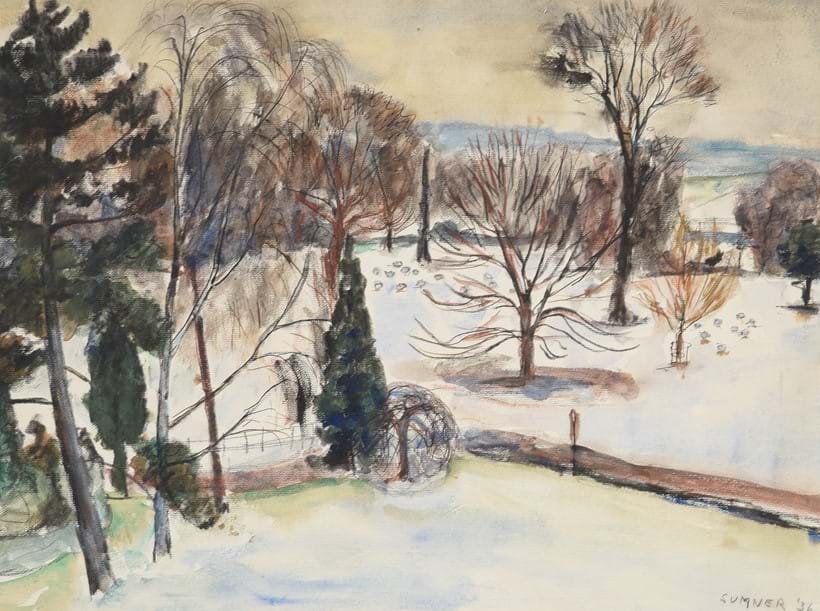 Inline Image - Lot 132: Maud Frances Eyston Sumner (South African 1902-1985), 'Snow in Joubert Park, Johannesburg', Ink, watercolour and pastel | Est. £600-800 (+ fees)