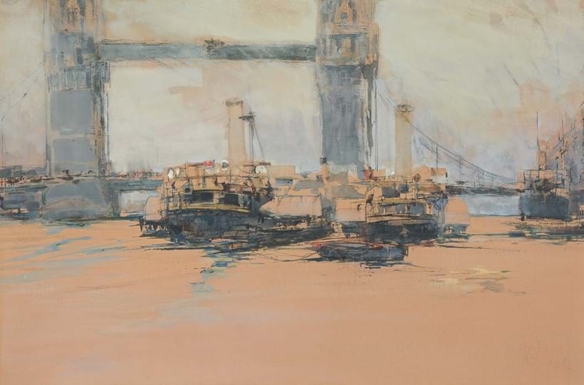 Inline Image - Lot 96: William Walcot (British 1874-1943), 'Tower Bridge with boats in the foreground, London', mixed media on brown paper | Est. £700-1,000 (+ fees)