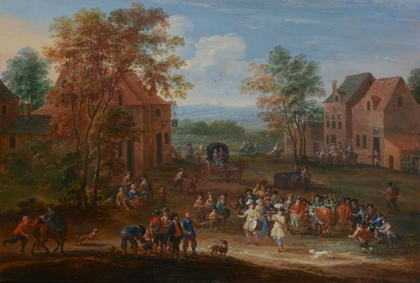 Inline Image - (Part lot ) Mathys Schoevaerdts (1665-1723), 'The Procession of the Easter Ox', oil on panel (a pair) | Est. £20,000-30,000 (+ fees)