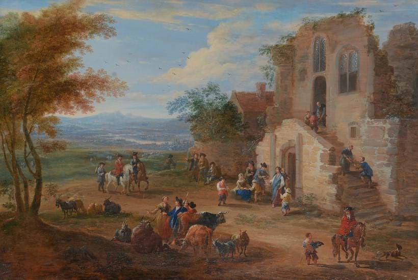 Inline Image - (Part lot ) Mathys Schoevaerdts (1665-1723), 'Giving out the Alms at a Ruined Church', oil on panel (a pair) | Est. £20,000-30,000 (+ fees)