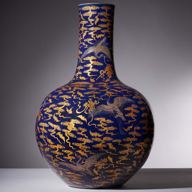 A Magnificent Chinese Imperial blue-glazed silver and gilt 'Bat and Crane' vase | 18 May 2022