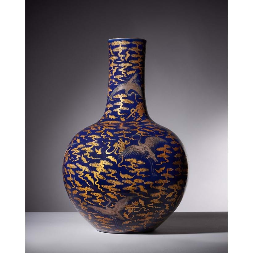 Inline Image - Lot 1: A Magnificent Chinese Imperial blue-glazed silver and gilt 'Bat and Crane' vase, Tianqiuping, seal mark and period of Qianlong | Est. £100,000-150,000 (+ fees)