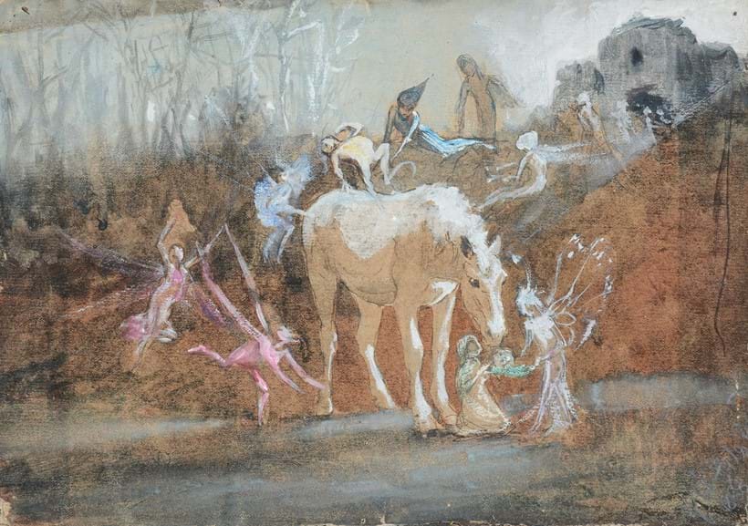 Inline Image - Lot 154: (Part lot) John Anster Fitzgerald (British 1832-1906), 'Fairies playing with a white horse/ Fairies playing with a cow/A bird by a nest, most probably a study for 'who killed Cock Robin'', Watercolour and bodycolour (unframed) | Est. £1,000-1,500 (+ fees)