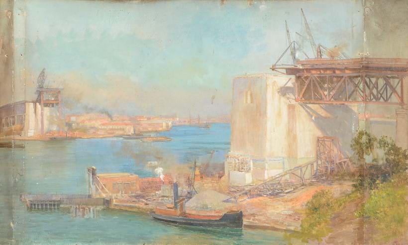 Inline Image - Lot 175: Walter Follen Bishop (British 1856-1936), 'The Building of Sydney Harbour Bridge', Oil on canvas, unframed and unstretched | Est. £1,500-2,000 (+ fees)