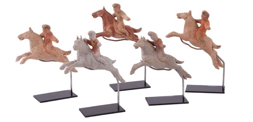 Inline Image - Lot 351: A rare set of five miniature pottery polo players, Tang Dynasty (618-907AD) | Est. £1,000-1,500 (+ fees)