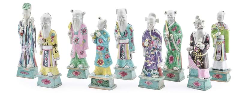 Inline Image - Lot 400: Eight Chinese Export Famille Rose figures of Immortals, late 18th or early 19th century | Est. £600-800 (+ fees)
