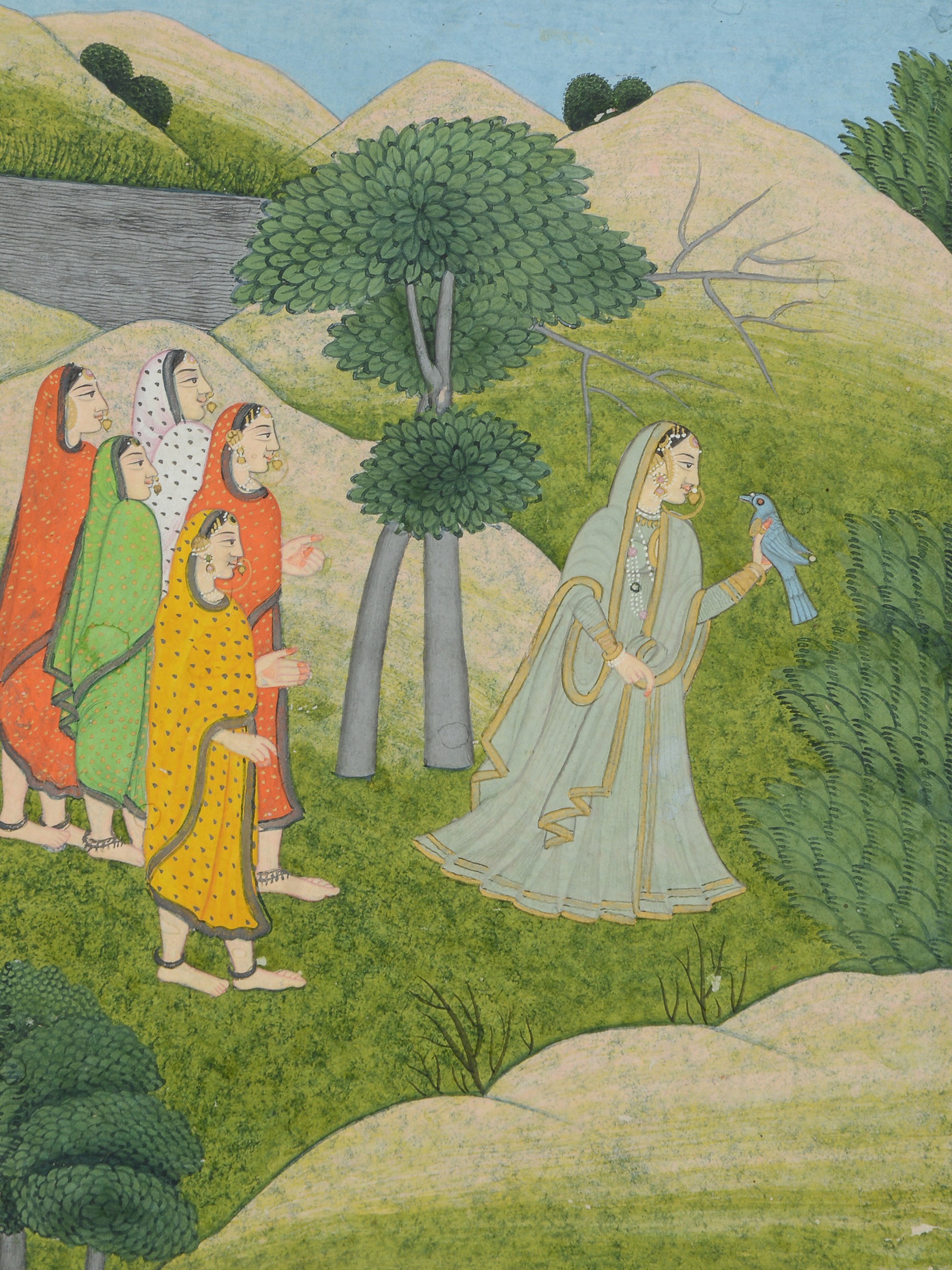 Inline Image - Lot 498: A Pahari painting of a Woman with a Dove surrounded by her Companions, Probably Guler, early 19th century | Est. £600-800 (+ fees)