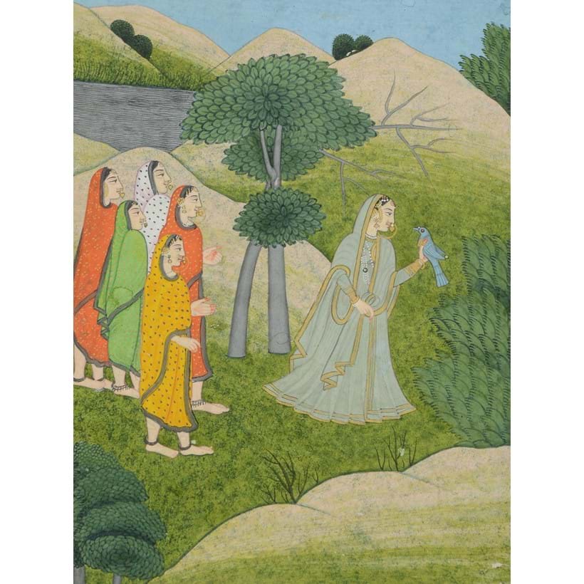 Inline Image - Lot 498: A Pahari painting of a Woman with a Dove surrounded by her Companions, Probably Guler, early 19th century | Est. £600-800 (+ fees)