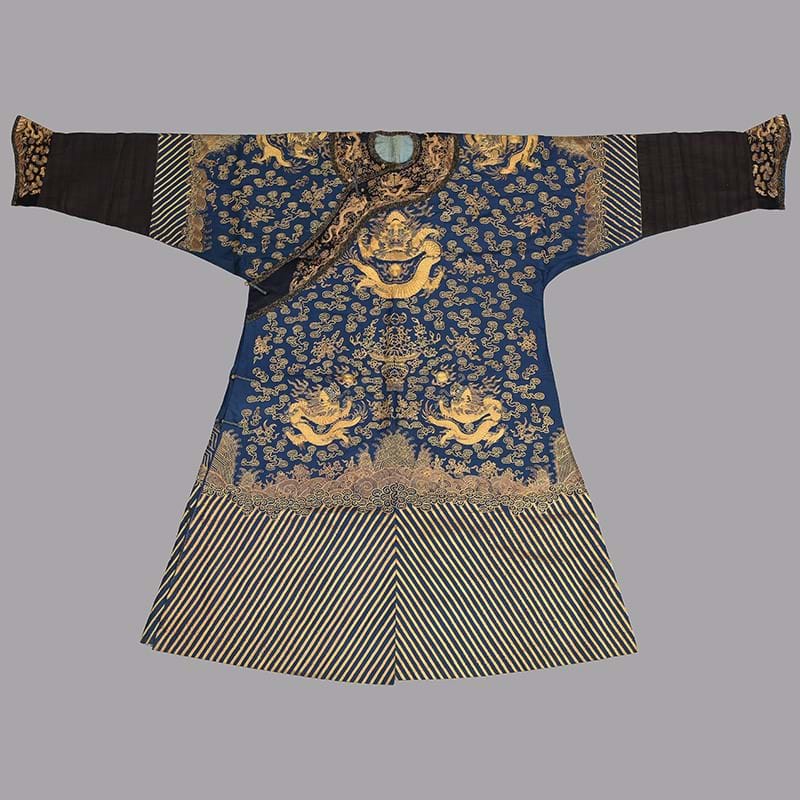 A Chinese blue satin silk 'dragon' robe, longpao, circa 1860