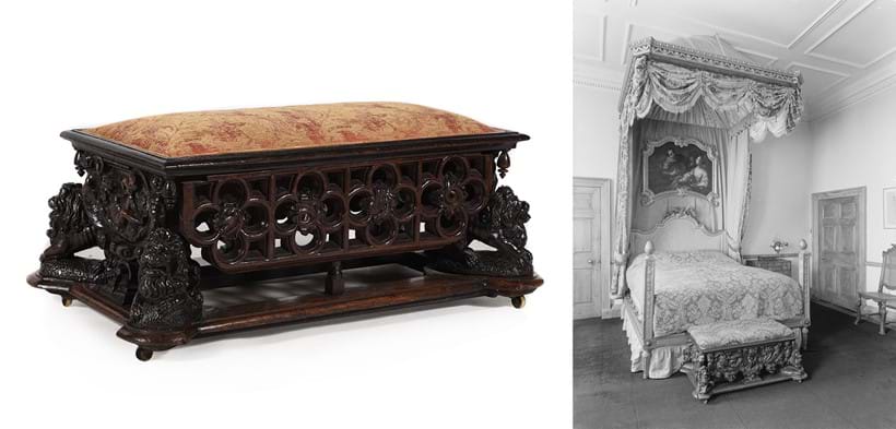Inline Image - Lot 14: A carved oak ottoman stool, in the Antiquarian taste, 19th century, Est. £1,200-1,800 (+ fees) |  The present lot beneath the Duc de Conde Bed at Hamsterley Hall, Country Life @CountryLife/Future Publishing Ltd