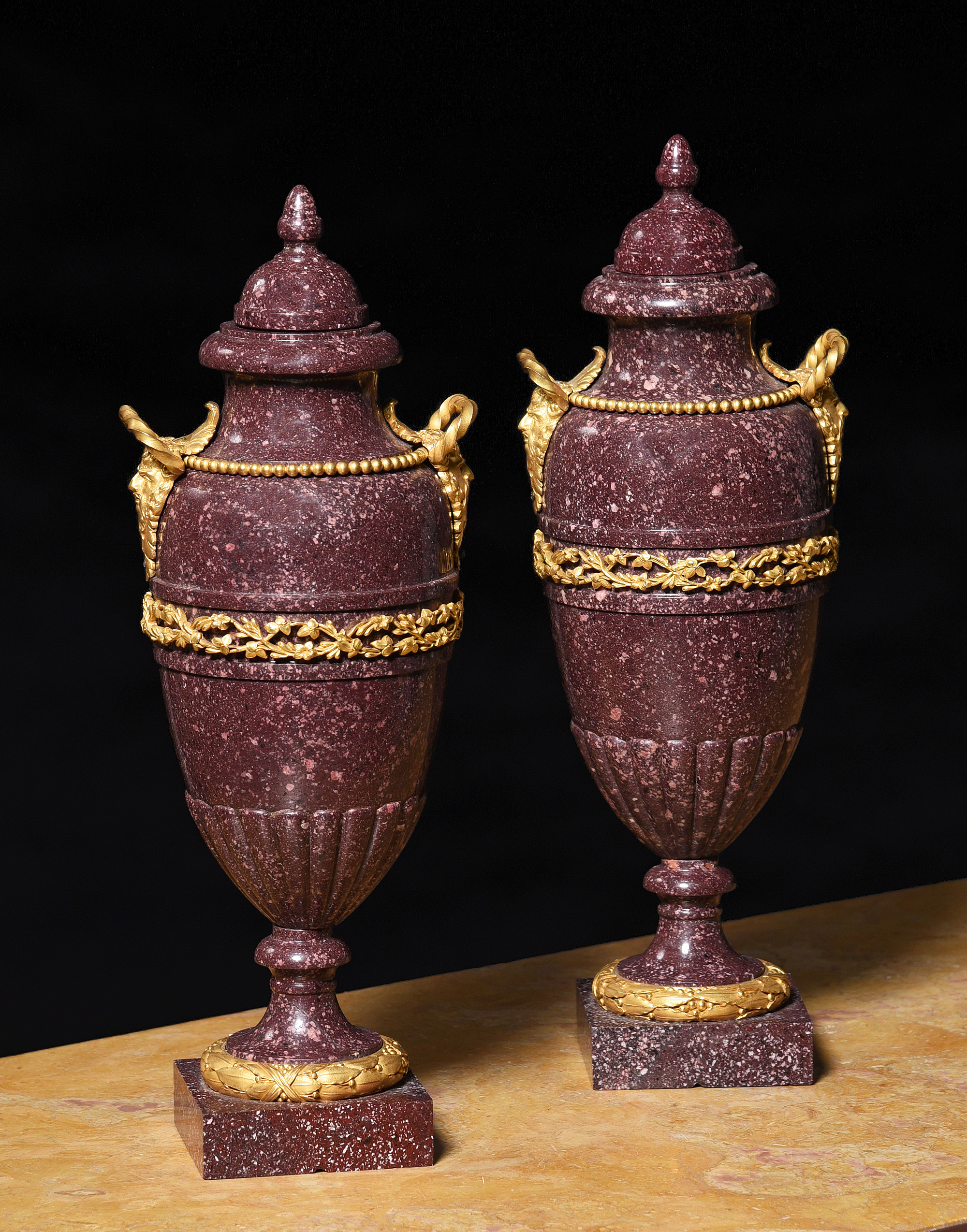 Inline Image - Lot 13: A pair of French porphyry and ormulu mounted lidded vases in neoclassical style, second quarter 19th century | Est. £8,000-12,000 (+ fees)
