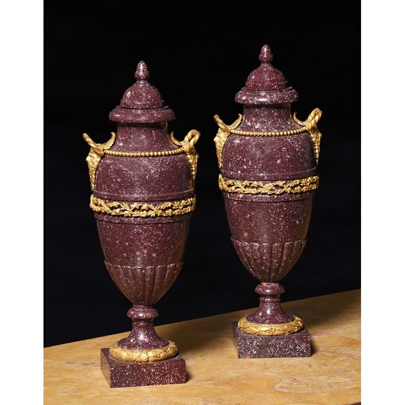 Inline Image - Lot 13: A pair of French porphyry and ormulu mounted lidded vases in neoclassical style, second quarter 19th century | Est. £8,000-12,000 (+ fees)