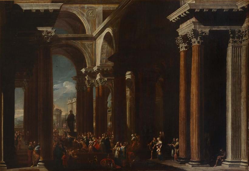 Inline Image - Lot 16: Circle of Viviano Cadozzi (Italian, 1603-1670), 'Figures in a colonnade', oil on canvas | Est. £10,000-15,000 (+ fees)