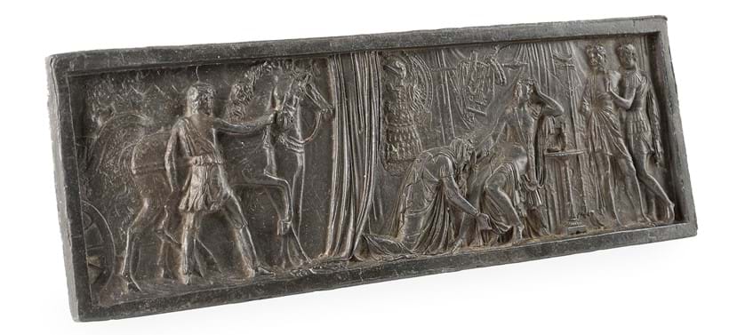 Inline Image - Lot 62: After the antique, a lead relief panel of Priam kissing the hand of Achilles, probably Italian, mid 19th century | Est. £600-900 (+ fees)