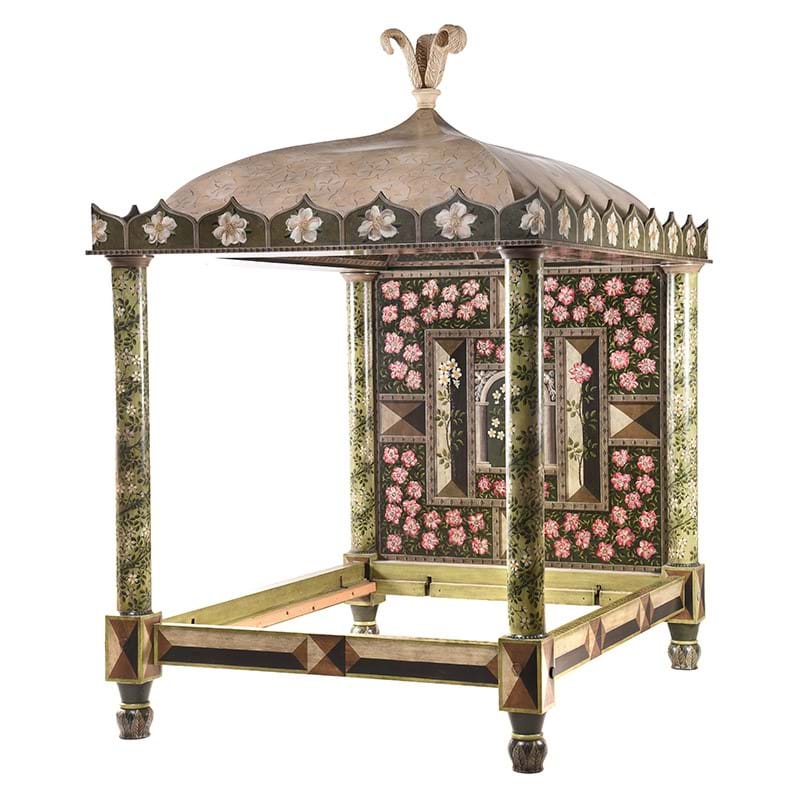 A polychrome painted four poster bed, decorated by Graham Carr, late 20th century