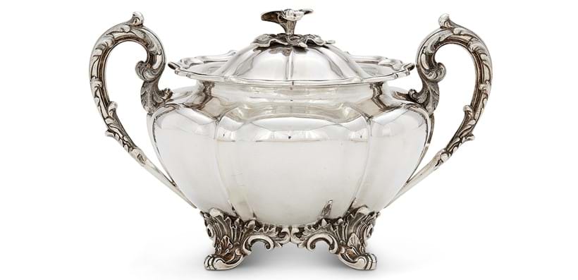 Inline Image - Lot 59: An Indian silver twin handled butter cooler bowl and cover with liner, Lattey Brothers & Co., Calcutta 1835-1840 | Est. £700-1,000 (+ fees)