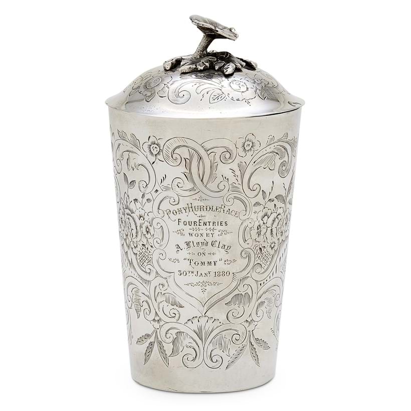 Inline Image - Lot 86: An Indian Colonial silver beaker and lid, Hamilton & Co., Calcutta circa 1880 | Est. £200-300 (+ fees)