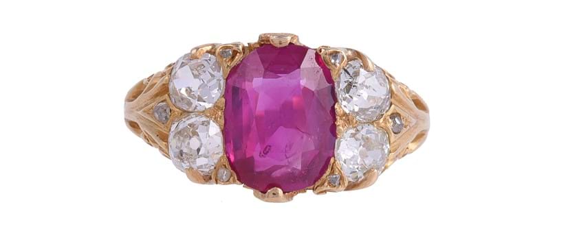 Inline Image - Lot 209: A Victorian diamond and ruby seven stone ring, Burma, no heat, dated 1869 | Est. £4,000-6,000 (+ fees)