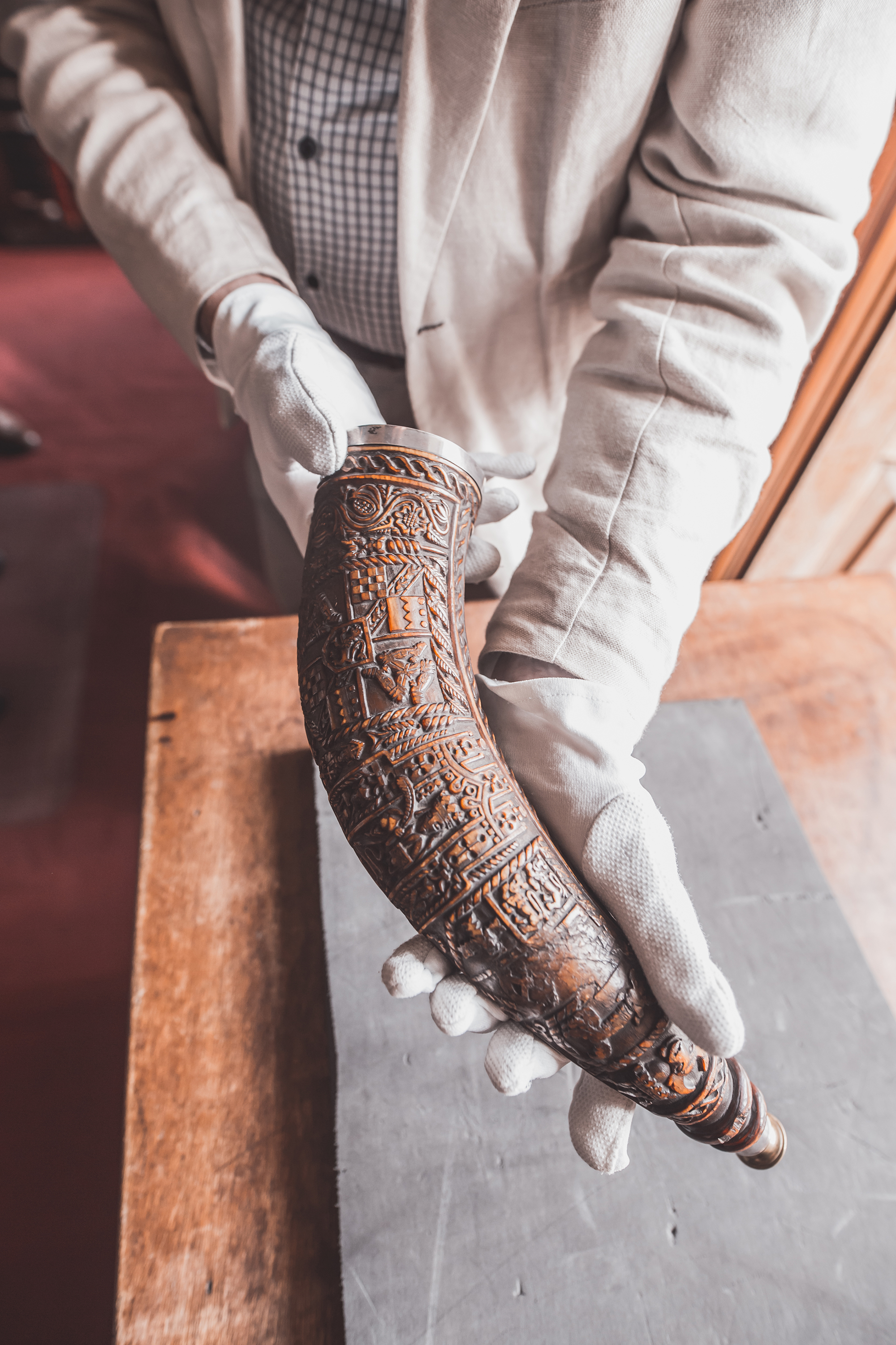 Inline Image - The 'Bosworth Horn’ held by Dr Stephen Lloyd FSA, Curator of the Derby Collection, Knowsley Hall, after its rediscovery in 2018 | Image courtesy of the Derby Collection, Knowsley Hall, 2022