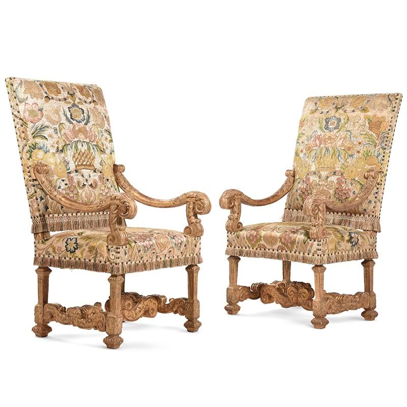 A pair of Louis XIV giltwood fauteuils, early 18th century