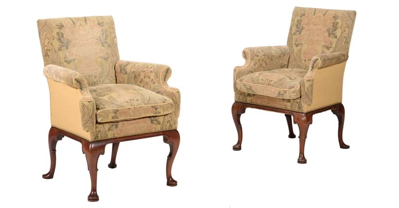 Inline Image - Lot 54: A pair of mahogany and tapestry style upholstered armchairs in George I style, late 19th or early 20th century | Est. £1,000-1,500 (+ fees)