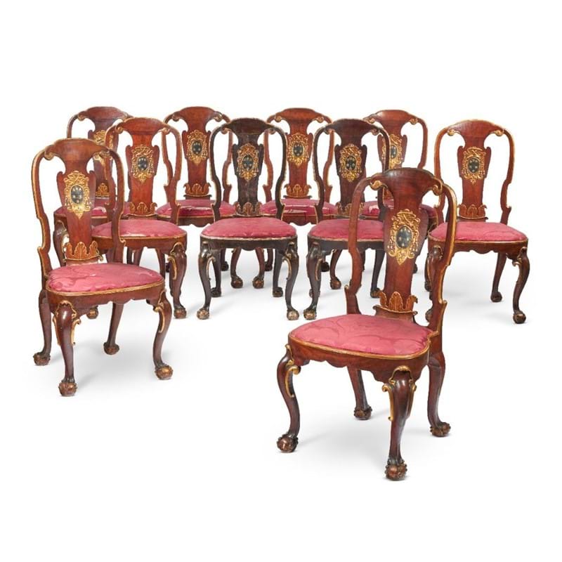 A set of eight George II walnut and parcel gilt dining chairs, possibly from Palazzo Altieri