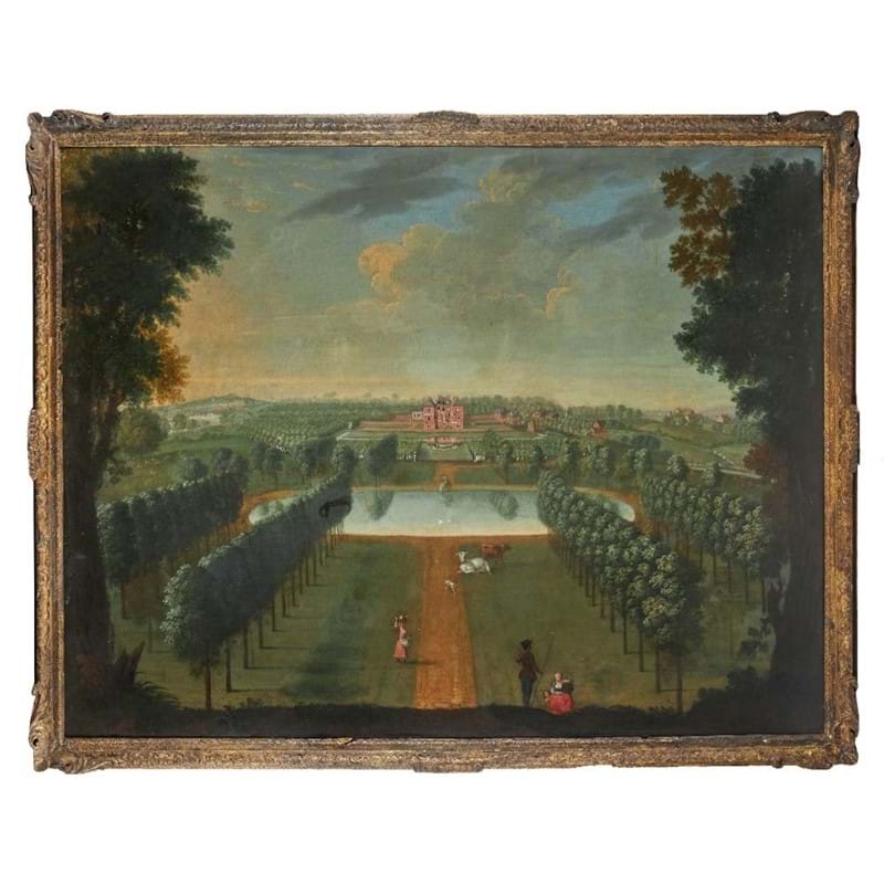 Lot 76: Anglo-Dutch School (circa 1740), View of a House with Projecting Angle Pavilions 